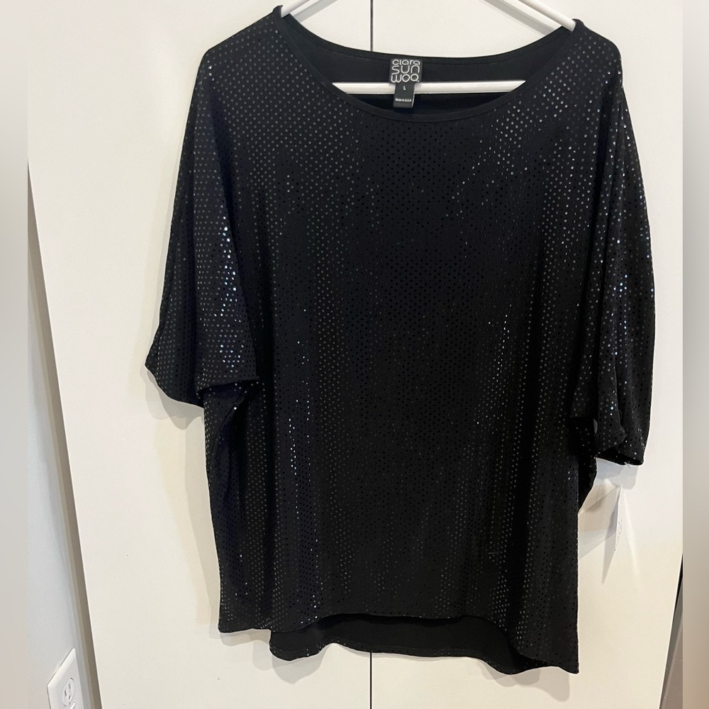 NWT CLARA SUNWOO elegant black sequin short sleeve top with keyhole back